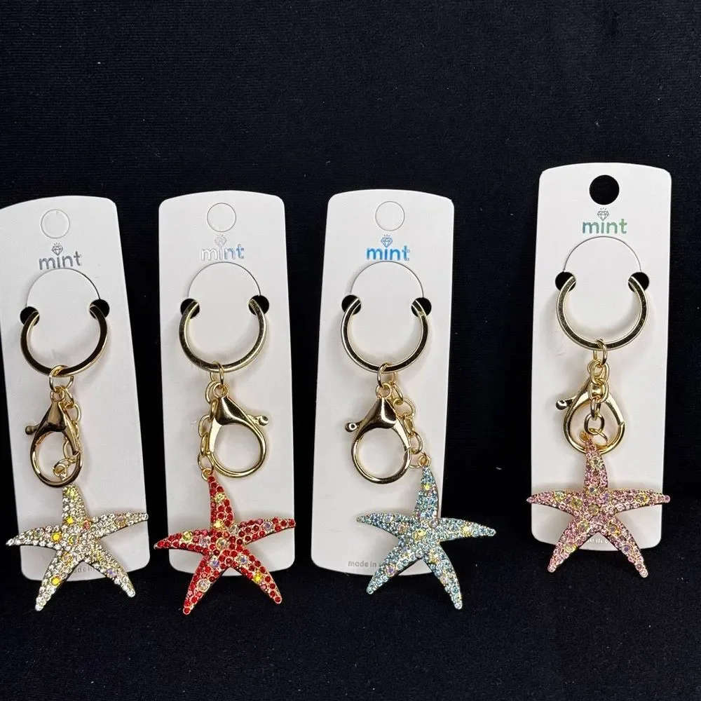 Mint Starfish Keychain - Sparkly Crystal Sea Star Keyring Pink & Iridescent